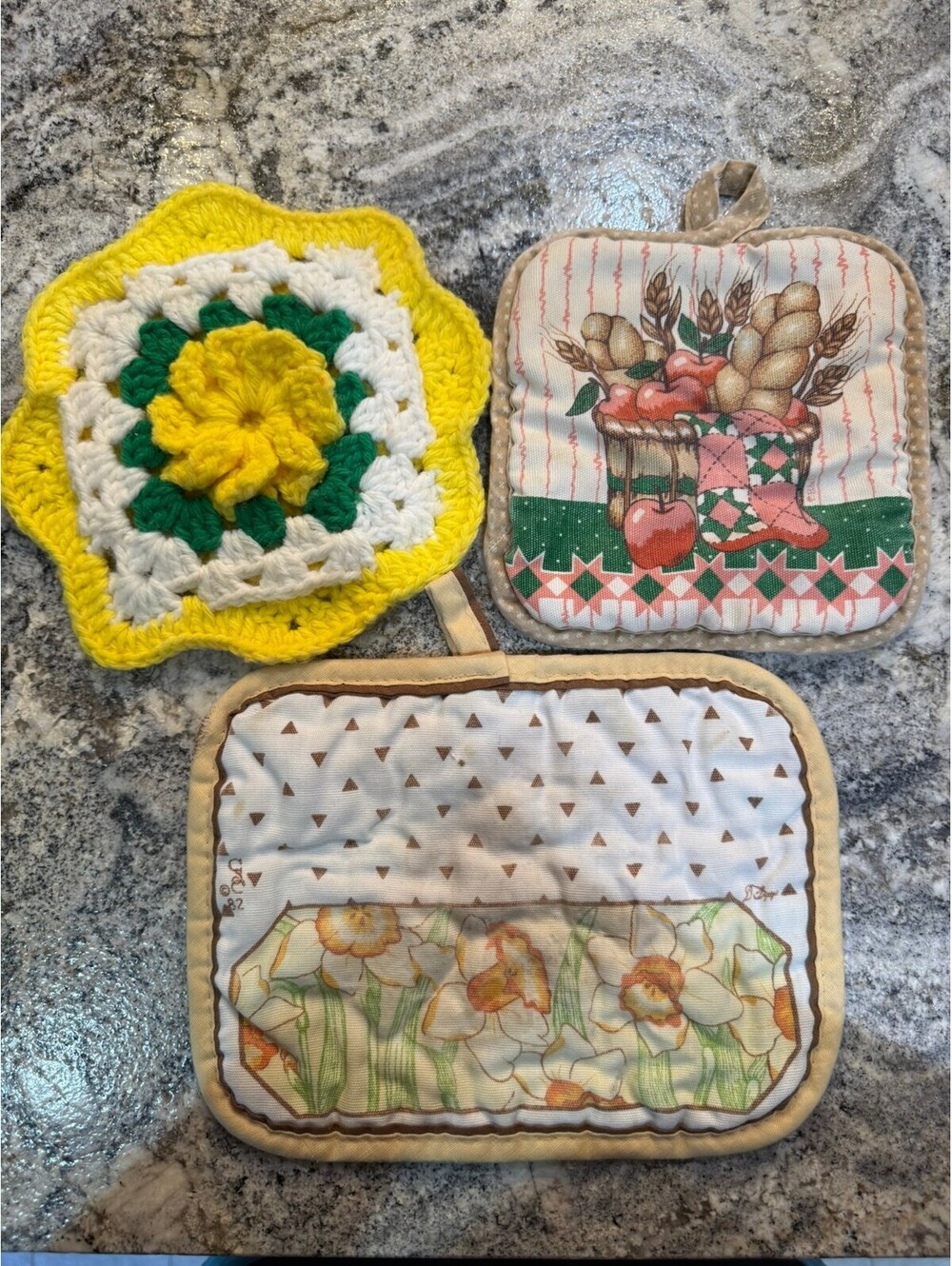 Set of 3 Vintage Kitchen Pot Holders with Floral and Crochet Designs